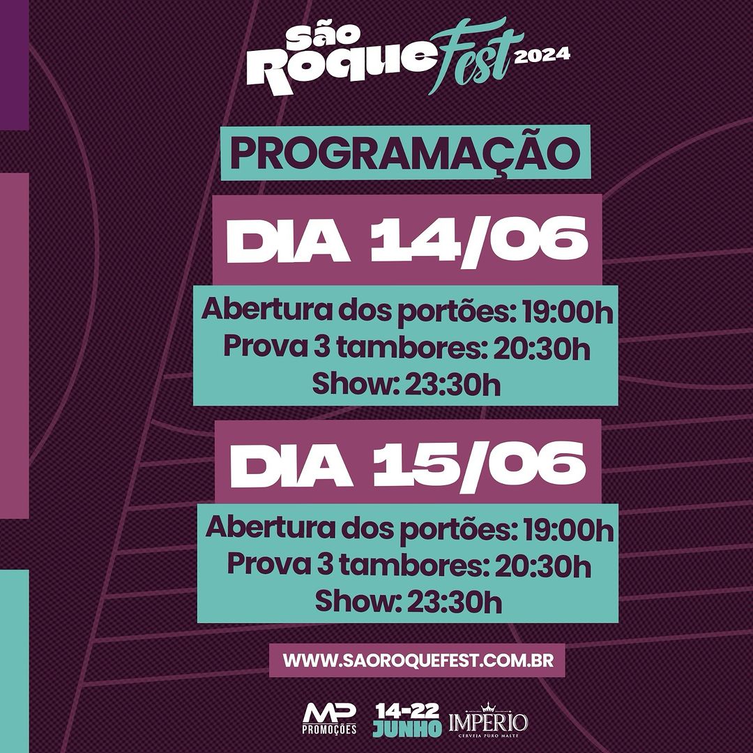 Horários do São Roque Fest 2024: abertura de portões e shows.