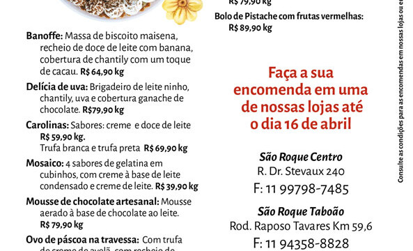 Cardápio de Páscoa para encomenda no Estância Supermercado em São Roque.